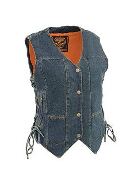 Heavyweight Cotton Denim Women's Sleeveless Motorcycle Vest with Pockets
